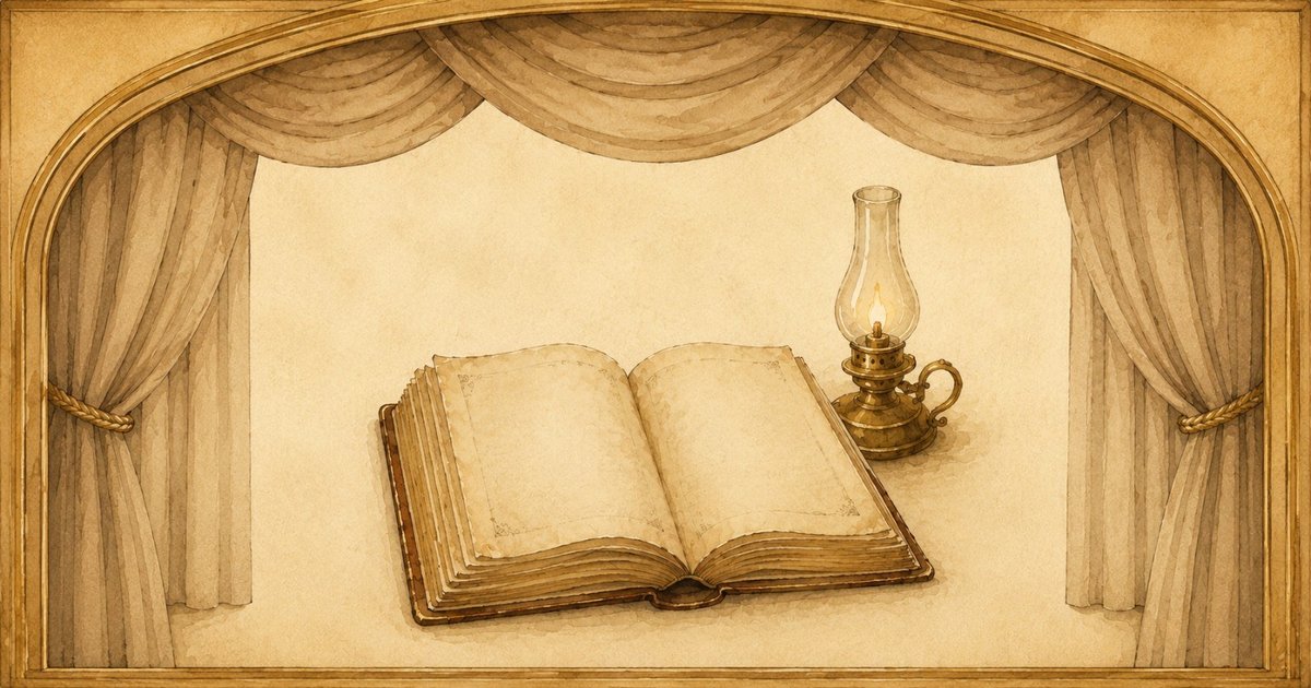 舞台のカーテンと開いた本、ランプを描いた水彩画風のイラスト