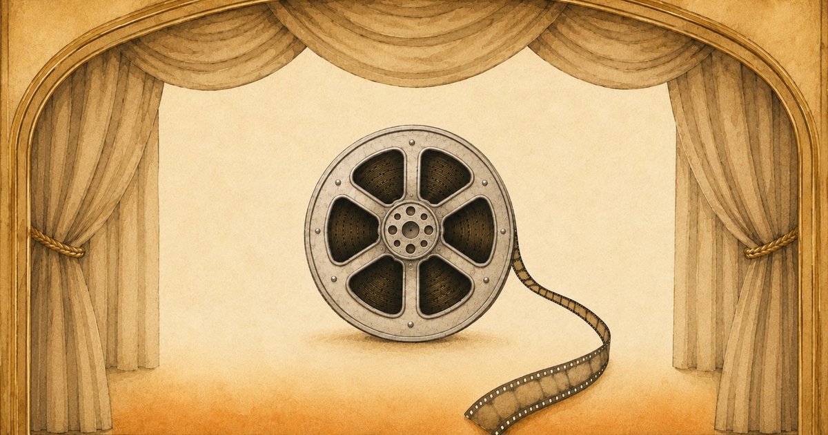 舞台のカーテンと映画フィルムを描いた水彩画風のイラスト