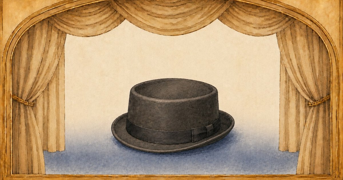 舞台のカーテンと黒い帽子を描いた水彩画風のイラスト