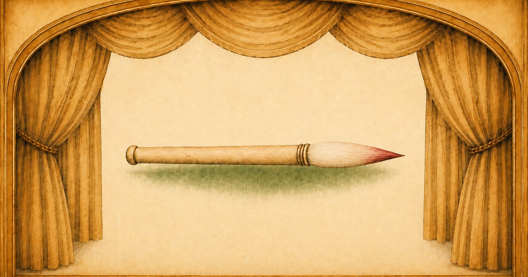 舞台の緞帳と隈取の筆を描いた水彩画風のイラスト